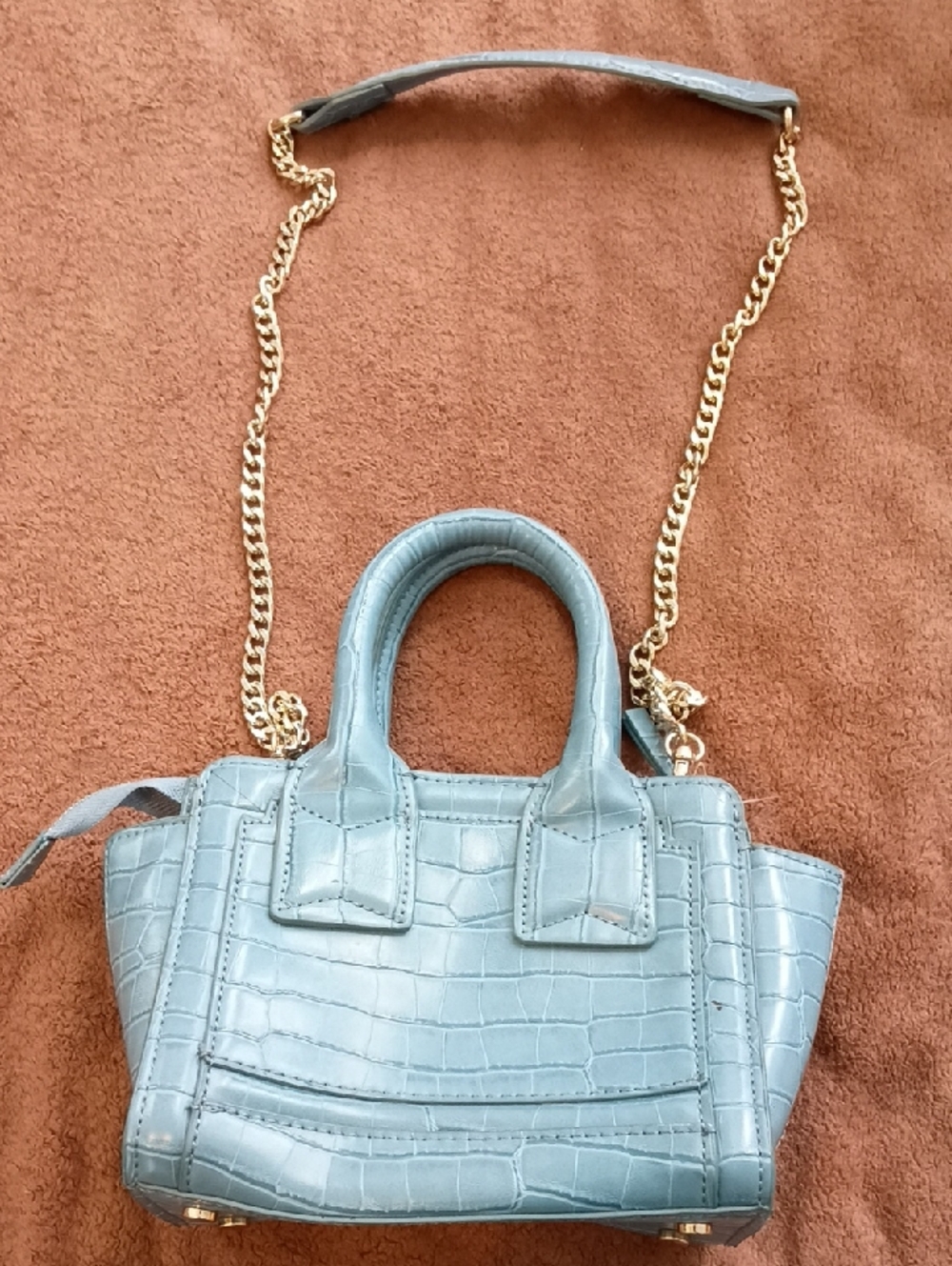 Zara Light Blue Croc-Embossed Mini Bag with Gold Chain
